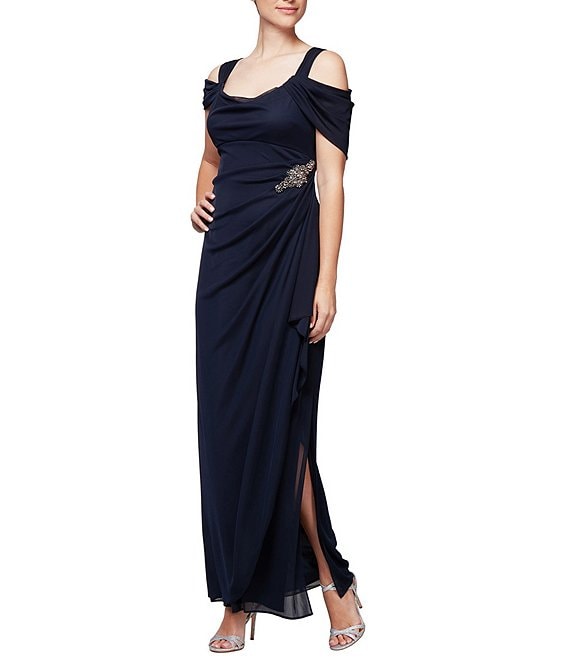 NEW Alex Evenings Cold Shoulder online Draped Cap Sleeve Ruched Black Waterfall Gown