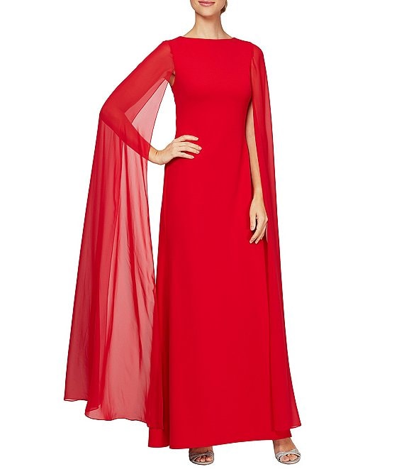 Alex Evenings Dramatic Cape Sleeve Straight Neck A-Line Gown | Dillard's