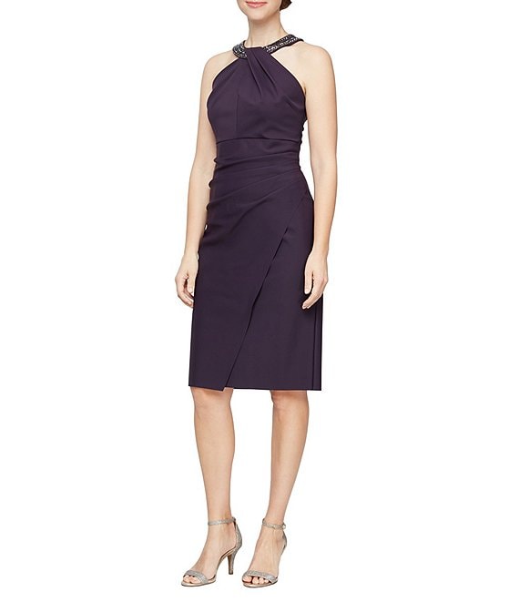Color:Aubergine - Image 1 - Embellished Halter Neck Sleeveless Ruched Sheath Dress