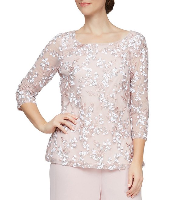 Alex Evenings Embroidered Floral Sequin Tulle 3/4 Sleeve Scoop Neck Tunic