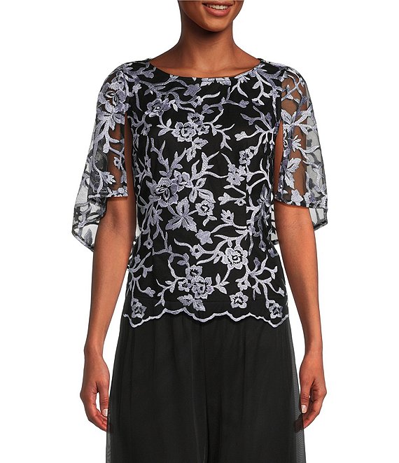 Alex Evenings Embroidered Illusion Capelet Blouse