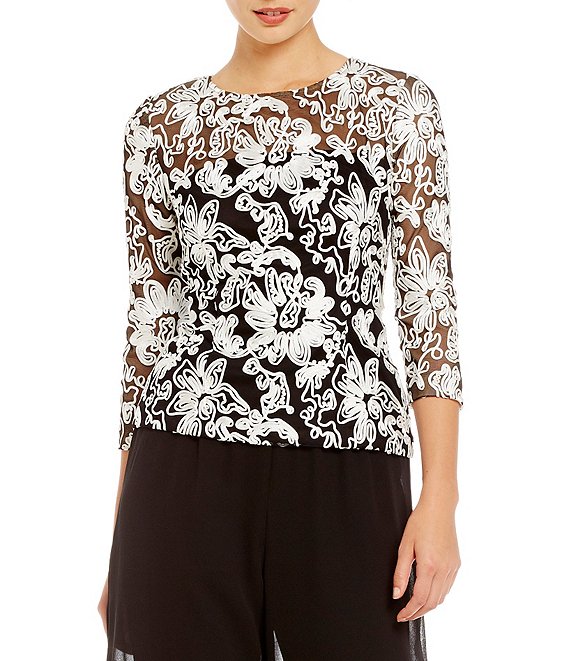 Alex Evenings Illusion Crew Neck 3/4 Sleeve Embroidered Floral