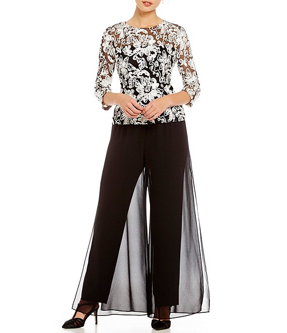 Alex Evenings Illusion Crew Neck 3/4 Sleeve Embroidered Floral