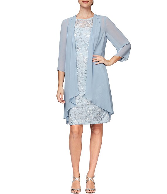 Color:Light Blue - Image 1 - Round Neck 3/4 Sleeve Embroidered Floral Tulle Sheath Chiffon 2-Piece Jacket Dress