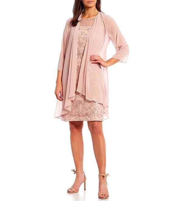 Alex Evenings Embroidered Floral Tulle Illusion Round Neck 3/4 Sleeve  Chiffon Sheath 2-Piece Jacket Dress