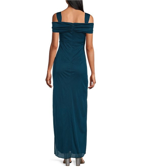 alex evenings off the shoulder sheath dress Alex Evenings Lindsay Cold Shoulder Mesh Gown Peacock / 8