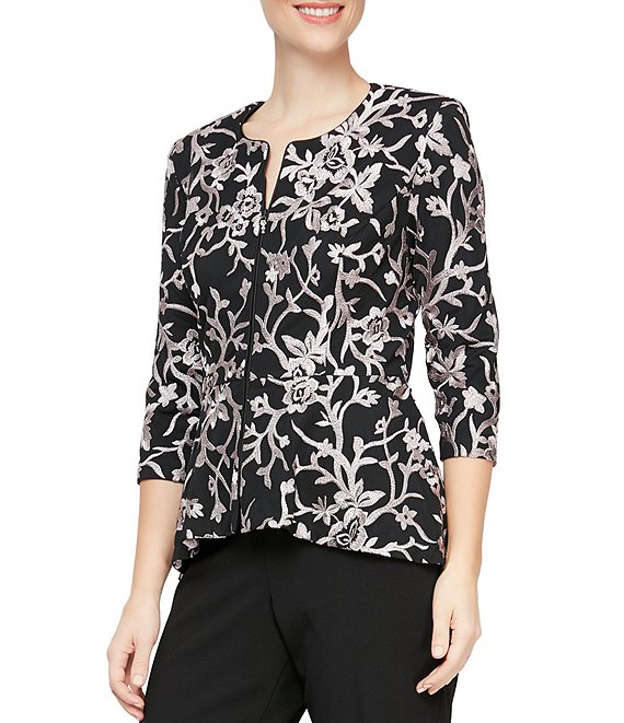 Color:Black Shell Pink - Image 1 - Floral Embroidered Stretch Tulle 3/4 Sleeve Crew Neck Zip Front Peplum Statement Jacket