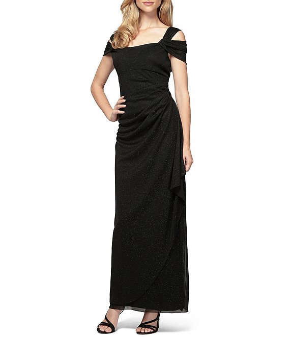 Color:Black - Image 1 - Glitter Mesh Cowl Neck Cold Shoulder Cap Sleeve Side Slit Ruched Gown