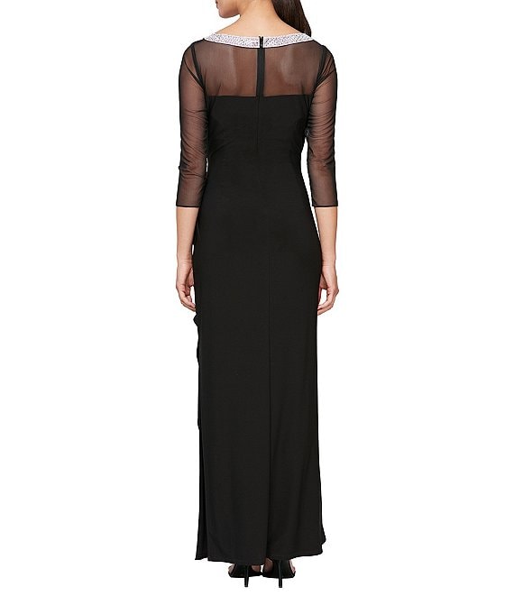 3 4 sleeve illusion lace and mesh bridesmaid dress Illusion Lace Neckline 3/4 Sleeves Mother Of The Bride Dress