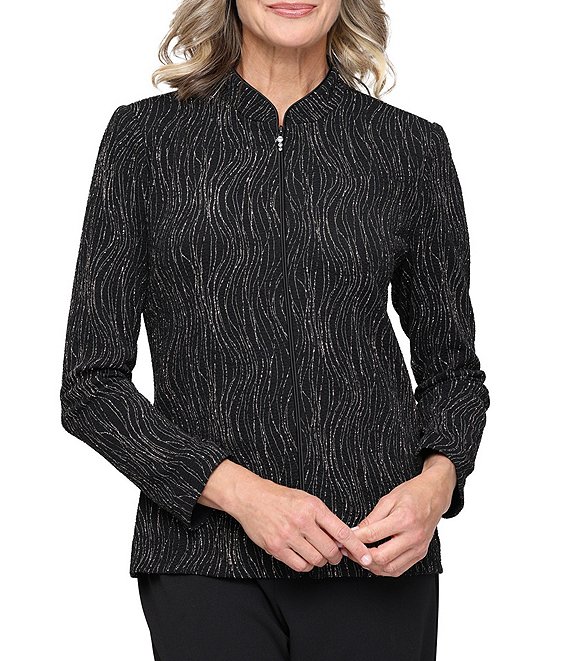 Alex Evenings Jacquard Knit Zip Front 3/4 Sleeve Jacket