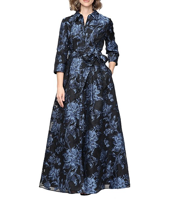 Alex Evenings Long Jacquard Button Front Tie Waist Gown