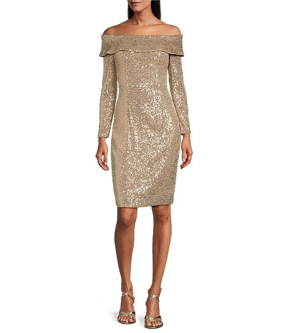 Alex Evenings Long Sleeve Off-the-Shoulder Sequin Sheath Dress | Dillard's