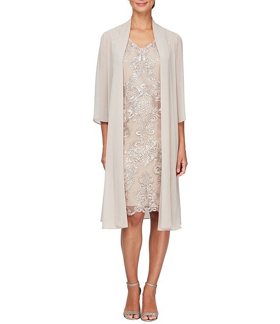 Color:Taupe - Image 1 - Metallic Embroidered Lace Jacket Dress