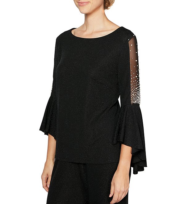 Color:Black - Image 1 - Metallic Knit Round Neck 3/4 Illusion Pearl Bell Sleeve Top