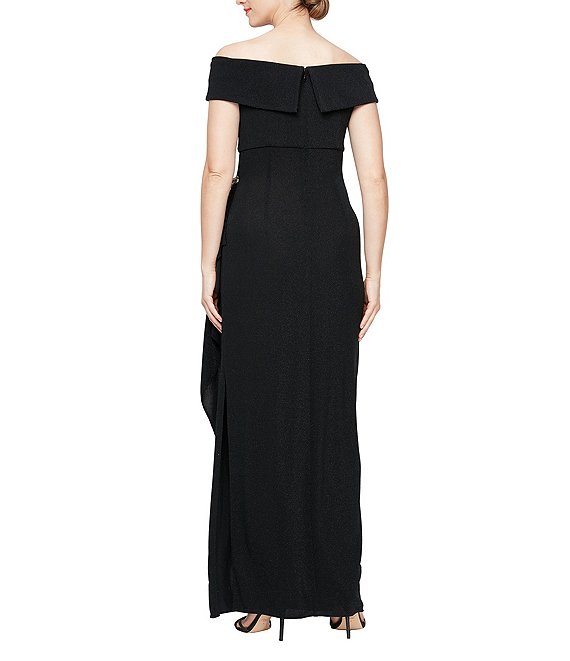 alex evenings embellished sheath dress Alex Evenings Off-the-Shoulder Metallic Knit Dress Black / 14