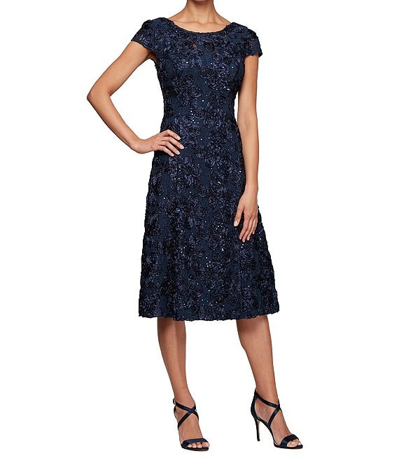 Alex Evenings Petite Size Cap Sleeve A-Line Rosette Midi Dress | Dillard's