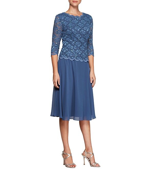 Color:Wedgewood - Image 1 - Petite Size Scalloped Round Neck Sequin Lace Bodice 3/4 Sleeve Chiffon Skirted Tea Length Dress
