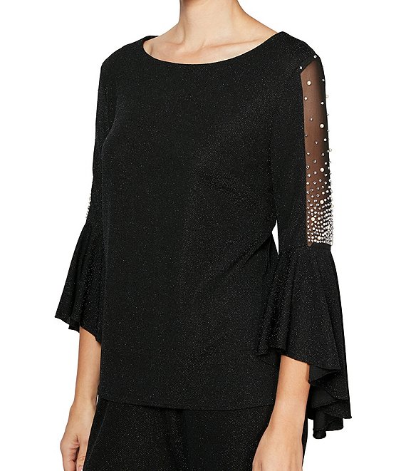 Color:Black - Image 1 - Petite Size Boat Neck 3/4 Bell Sleeve Stretch Metallic Knit Blouse