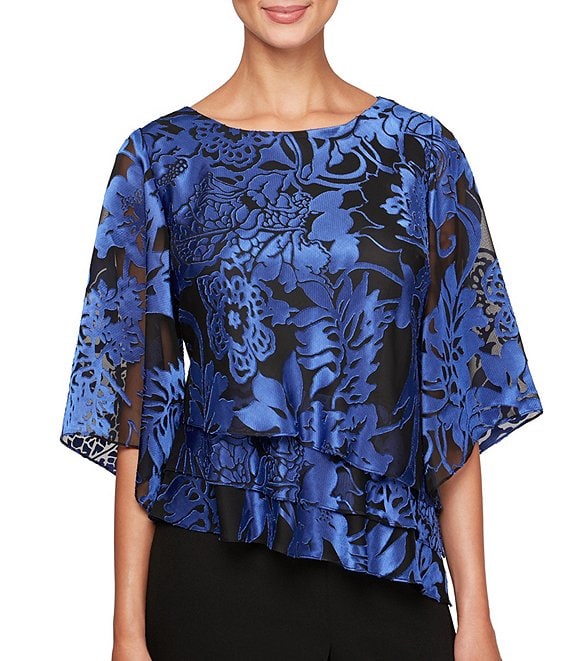 Alex Evenings Petite Size Illusion Elbow Length Sleeve Boat Neck Asymmetrical Hem Triple Tier Chiffon Blouse