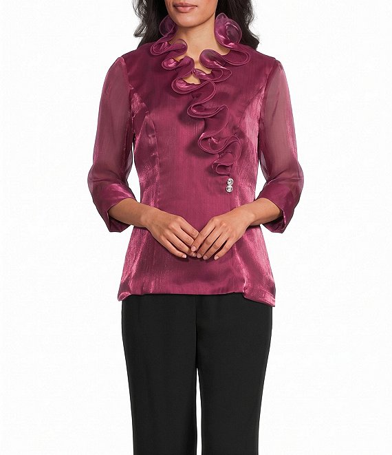 Alex Evenings Petite Size 3/4 Sleeve Yoryu Chiffon Ruffle Neck Blouse
