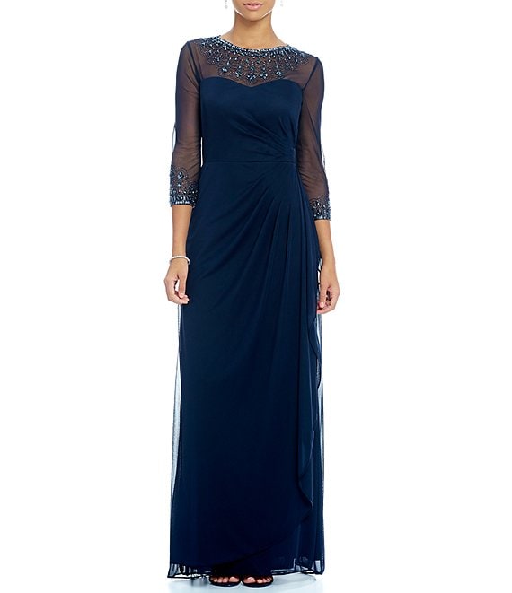 Color:Dark Navy - Image 1 - Petite Size Sweetheart Neck 3/4 Sleeve Stretch A-Line Gown