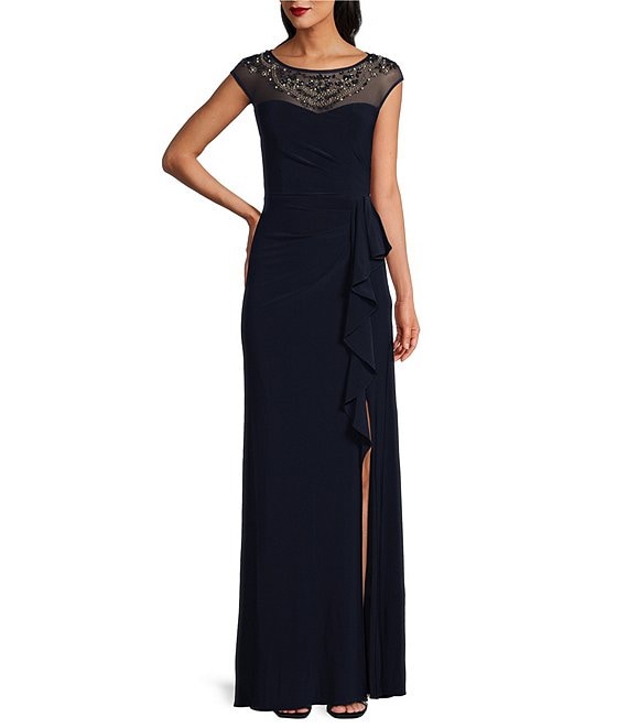 Alex Evenings Petite Size Cap Sleeve Beaded Round Illusion Sweetheart Neckline Cascade Ruffle Gown