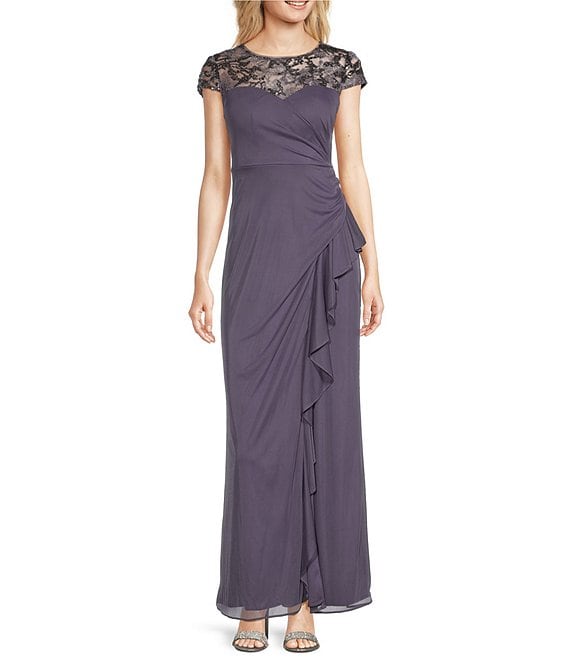 Alex Evenings Petite Size Cap Sleeve Embroidered Sweetheart Illusion Neck Cascade Ruffle Gown