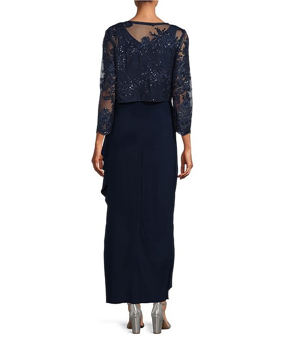 Color:Navy - Image 1 - Petite Size Embroidered Lace Scoop Neck 3/4 Sleeve 2-Piece Jacket Dress