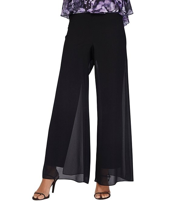 Color:Black - Image 1 - Petite Size Georgette Straight Leg Overlay Pants