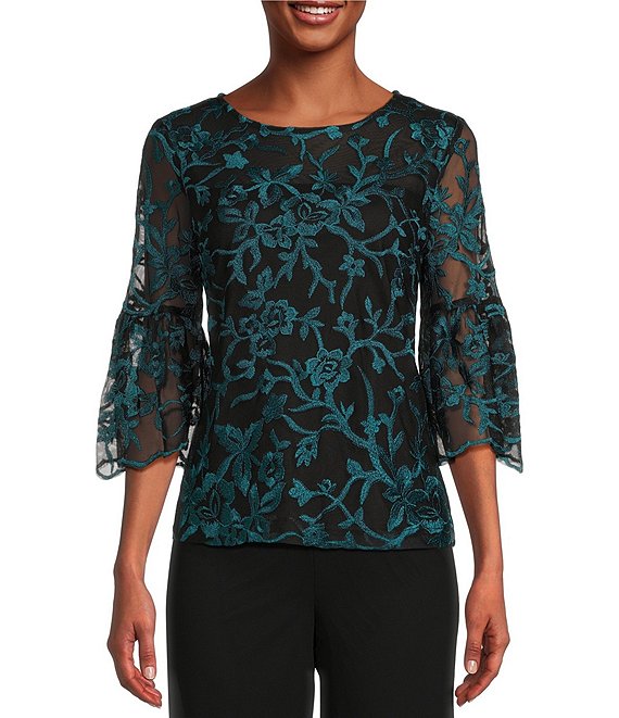 Color:Black/Teal - Image 1 - Petite Size Round Neck 3/4 Bell Sleeve Floral Embroidered Blouse