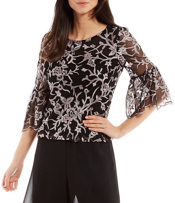 Bell Sleeve Floral Embroidered Blouse ...