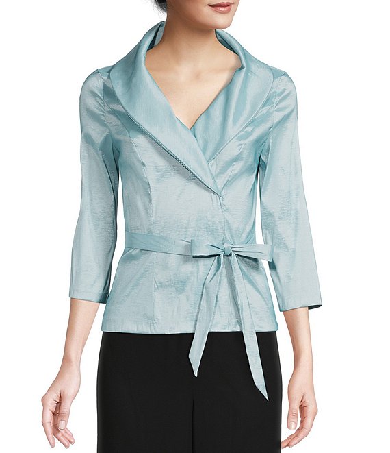 Color:Ice Sage - Image 1 - Petite Size Shawl V-Neck Collar 3/4 Sleeve Tie Waist Blouse