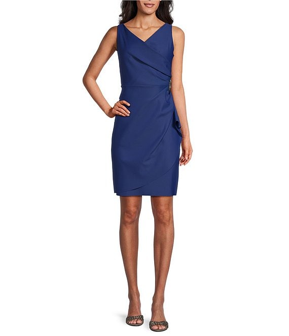 Alex Evenings Petite Size Sleeveless V Neck Cascade Ruffle Beaded Detail Scuba Crepe Sheath Dress