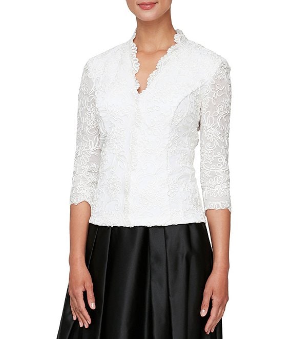 Color:White - Image 1 - Petite Size V-Neck Scalloped Lace Lined Embroidered Top