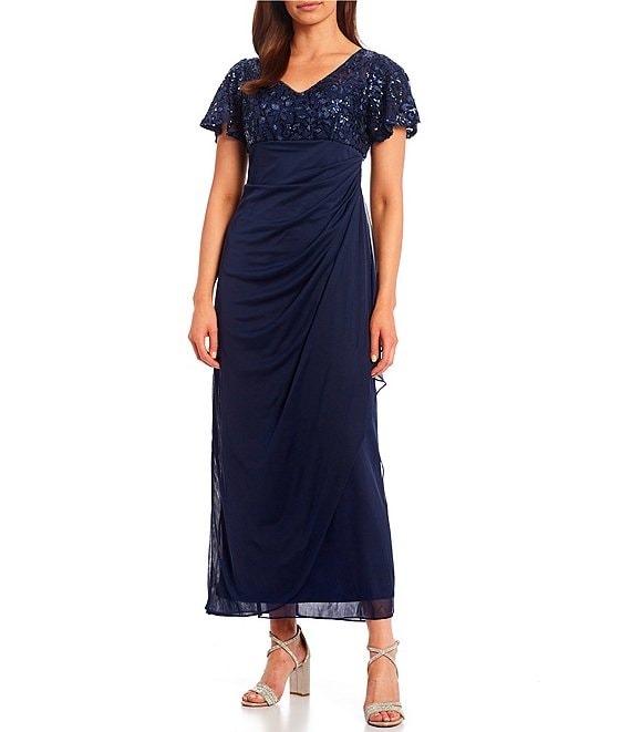 Alex Evenings Petite Size Stretch Crepe Embellished Illusion Round