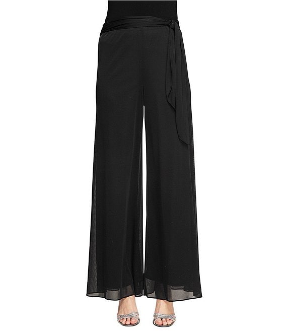 Alex Evenings Petite Size Mesh Mid Rise Wide Leg Tie Waist Pants, Black - Image 1