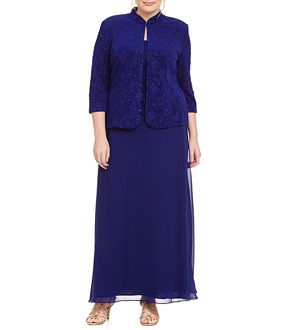 Color:Electric Blue - Image 1 - Plus Size Scoop Neck 3/4 Sleeve Jacquard Glitter Embellished Chiffon Skirted 2-Piece Jacket Dress