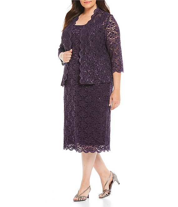Alex Evenings Plus Size Scoop Neck 3/4 Sleeve Sequined Lace Tea-Length  2-Piece Jacket Dress