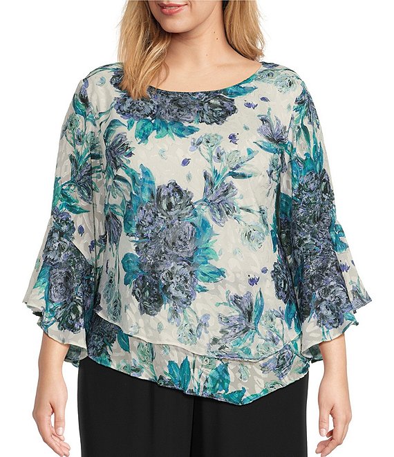 Alex Evenings Plus Size 3/4 Bell Sleeve Scoop Neck Asymmetric Tiered ...