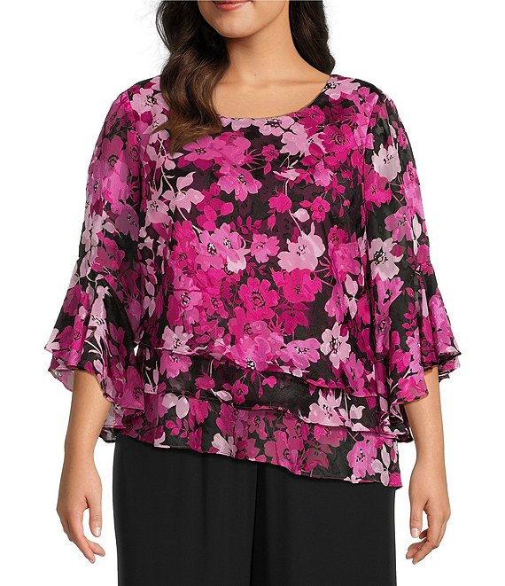 Alex Evenings Plus Size 3/4 Bell Sleeve Scoop Neck Asymmetrical Triple ...