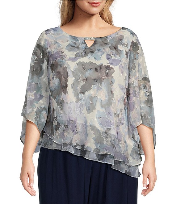 Alex Evenings Plus Size 3/4 Sleeve Cutout Scoop Neck Asymmetrical Tiered  Hem Printed Chiffon Blouse | Dillard's