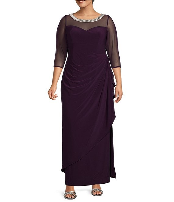 Color:Eggplant - Image 1 - Plus Size 3/4 Sleeve Illusion Sweetheart Neck Side Slit Ruched Gown