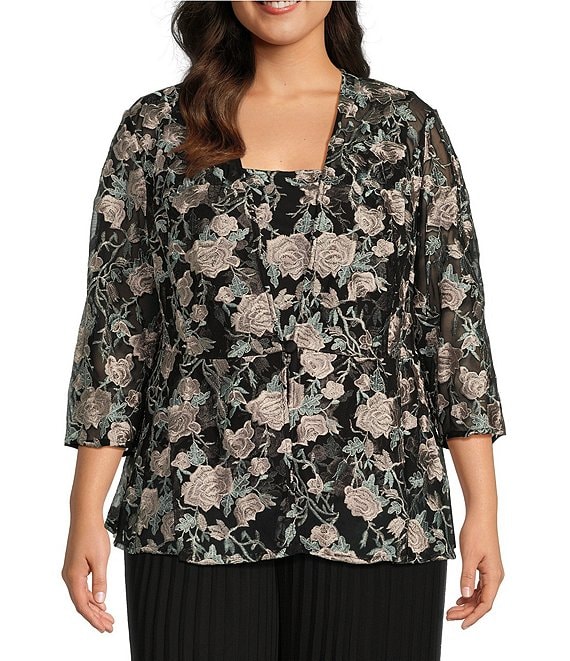 Alex Evenings Plus Size 3/4 Sleeve Square Neck Floral Twinset | Dillard's