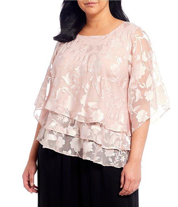 Alex Evenings Plus Size Asymmetrical Tiered Hem Round Neck 3/4 Illusion  Sleeve Burnout Floral Chiffon Blouse | Dillard's