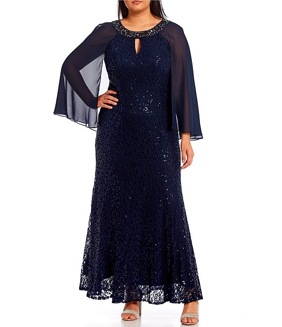 Alex Evenings Plus Size Embellished Keyhole Neck Long Chiffon Capelet  Sleeve Sequin Lace Mermaid Gown