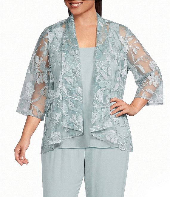 Alex Evenings Plus Size Embroidered 3/4 Sleeve Chiffon Twinset