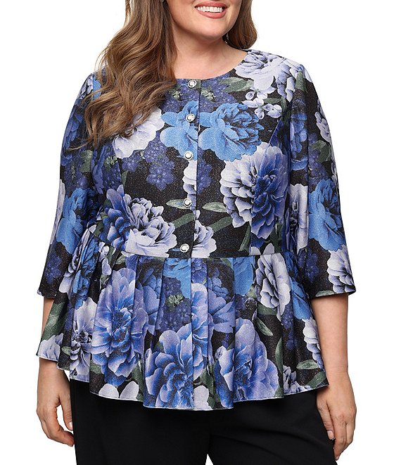Alex Evenings Plus Size Floral Print Lurex Knit Peplum Hem Button Front Blouse
