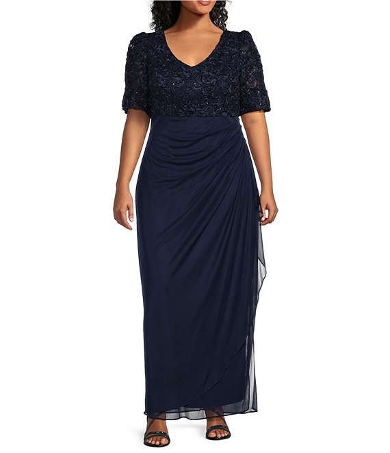 Alex Evenings Plus Size Lace Soutache Bodice V Neck Short Sleeve Cascade Ruffle Empire Waist Dress Dillard s