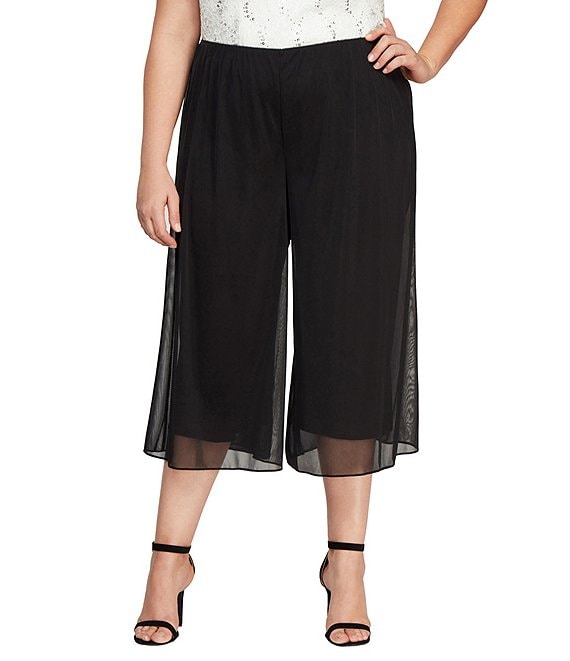 Color:Black - Image 1 - Plus Size Mesh Mid Rise Wide Leg Crop Pant