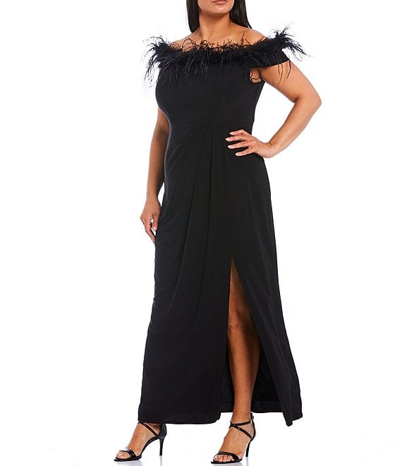 Evenings Plus Size Off-The-Shoulder Feather Front Slit Gown | Dillard's